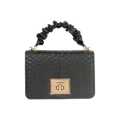 Zentil Black Textured Leather Handbag with Gold Lock